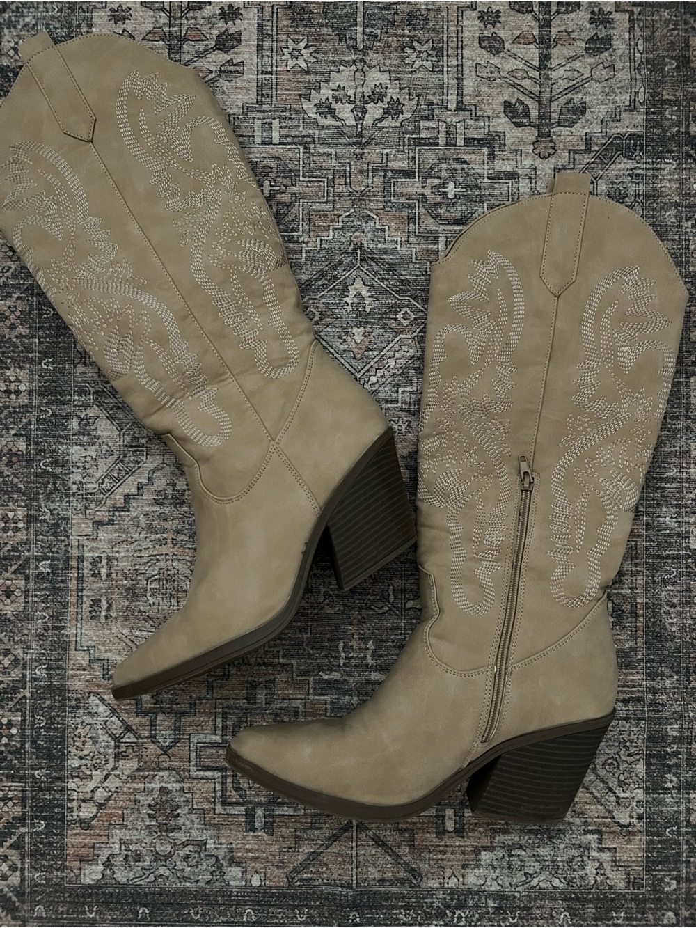 Ardene Taupe Embroidered Western Knee-High Boots
